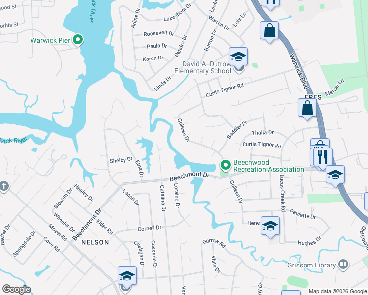 map of restaurants, bars, coffee shops, grocery stores, and more near 963 Colleen Drive in Newport News