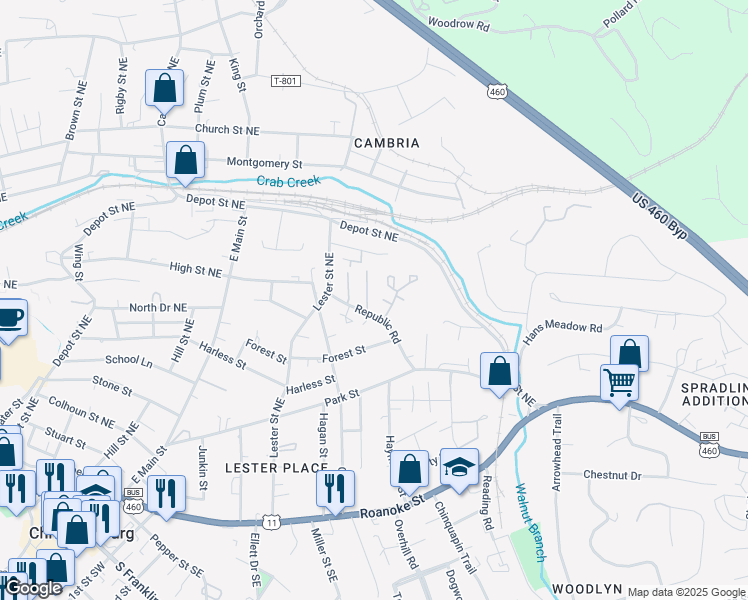 map of restaurants, bars, coffee shops, grocery stores, and more near 155 Salem Lane in Christiansburg