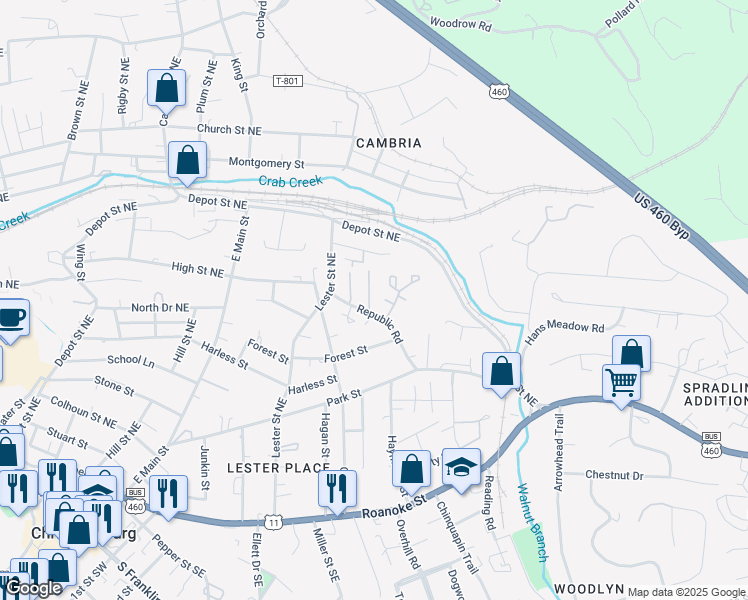 map of restaurants, bars, coffee shops, grocery stores, and more near 155 Salem Lane in Christiansburg