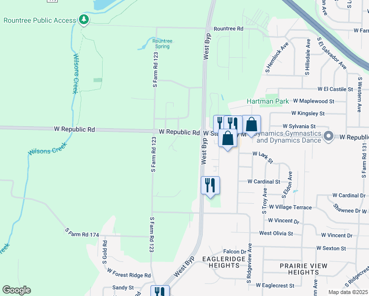 map of restaurants, bars, coffee shops, grocery stores, and more near 4100-4204 West State Highway M in Springfield