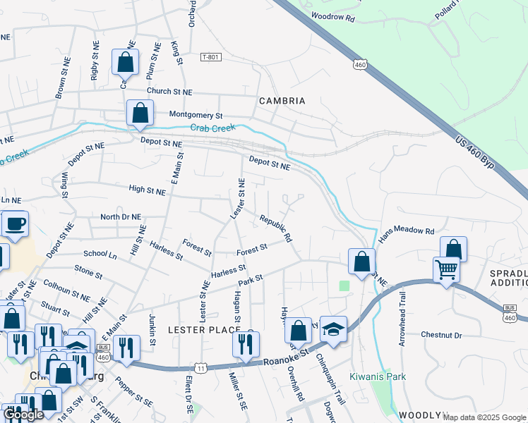 map of restaurants, bars, coffee shops, grocery stores, and more near 55 Salem Lane in Christiansburg