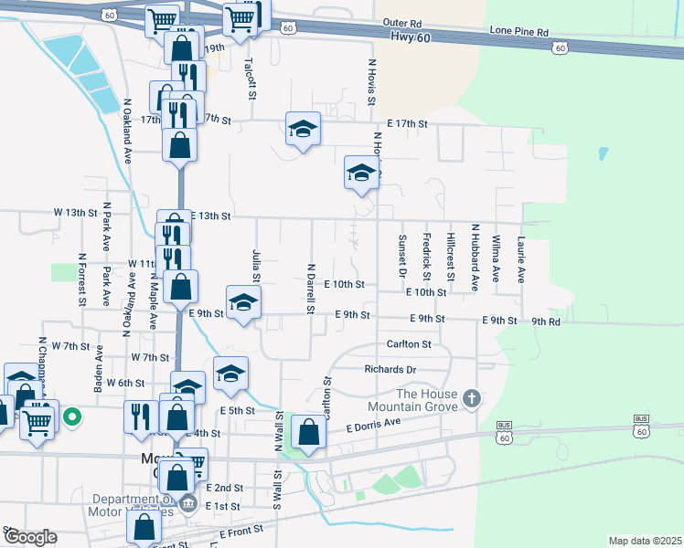 map of restaurants, bars, coffee shops, grocery stores, and more near 2 Morris Trailer Park in Mountain Grove