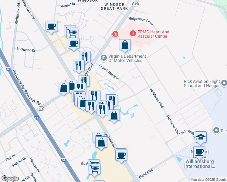 map of restaurants, bars, coffee shops, grocery stores, and more near 12733 Daybreak Circle in Newport News