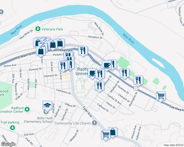 map of restaurants, bars, coffee shops, grocery stores, and more near in Radford