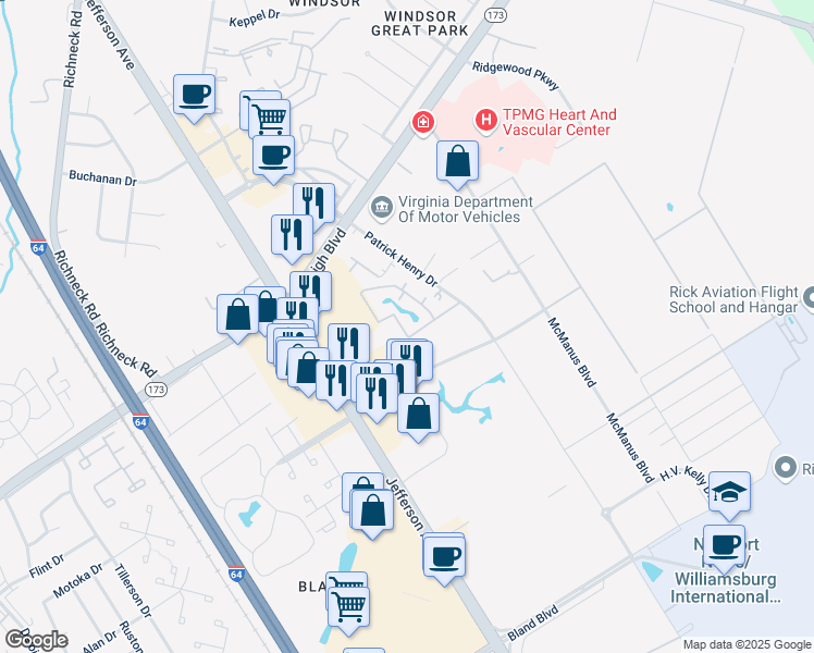 map of restaurants, bars, coffee shops, grocery stores, and more near 12746 Daybreak Circle in Newport News
