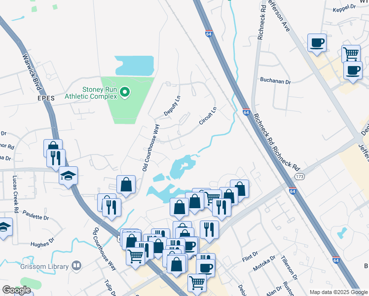 map of restaurants, bars, coffee shops, grocery stores, and more near 379 Circuit Lane in Newport News