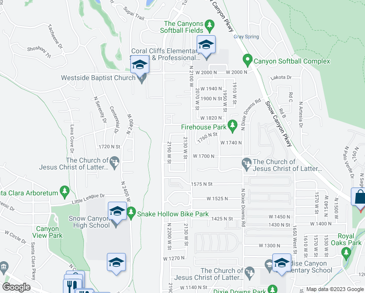 map of restaurants, bars, coffee shops, grocery stores, and more near 2141 West 1740 North in St. George