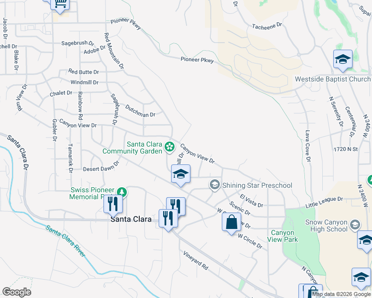 map of restaurants, bars, coffee shops, grocery stores, and more near Canyon View Drive in Santa Clara