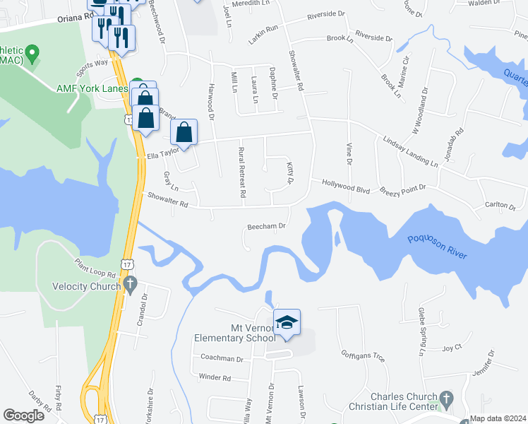 map of restaurants, bars, coffee shops, grocery stores, and more near 506 Showalter Road in Yorktown