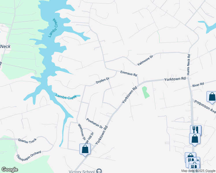 map of restaurants, bars, coffee shops, grocery stores, and more near 7 Dryden Drive in Poquoson
