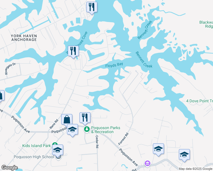 map of restaurants, bars, coffee shops, grocery stores, and more near 22 Lessie's Drive in Poquoson