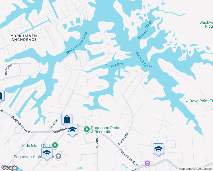 map of restaurants, bars, coffee shops, grocery stores, and more near 22 Lessie's Drive in Poquoson