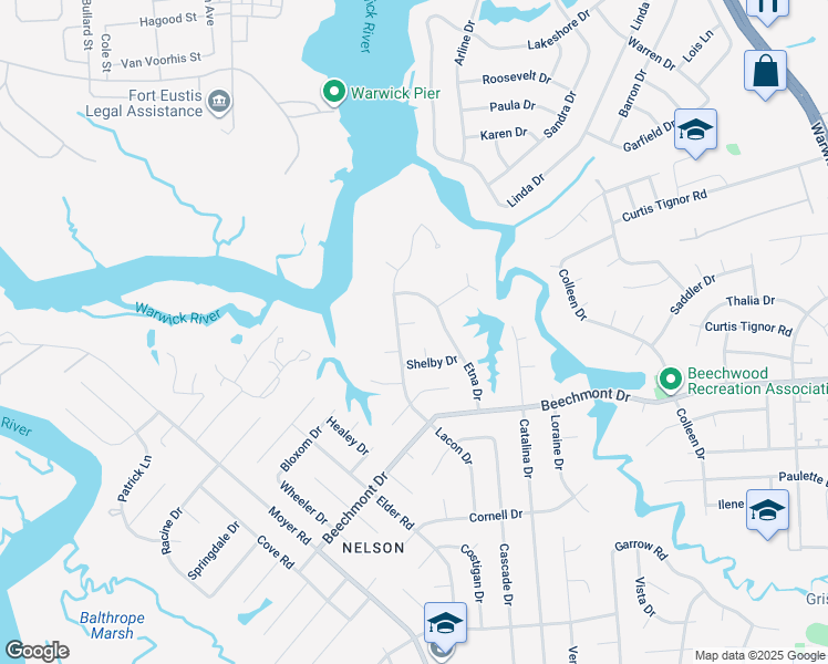 map of restaurants, bars, coffee shops, grocery stores, and more near 172 Laurent Circle in Newport News