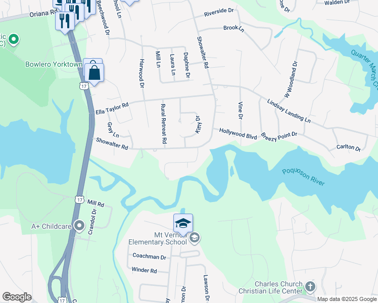 map of restaurants, bars, coffee shops, grocery stores, and more near 516 Showalter Road in Yorktown
