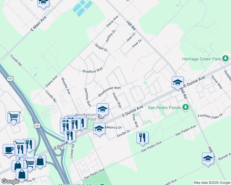 map of restaurants, bars, coffee shops, grocery stores, and more near 1625 Bluebonnet Way in Morgan Hill