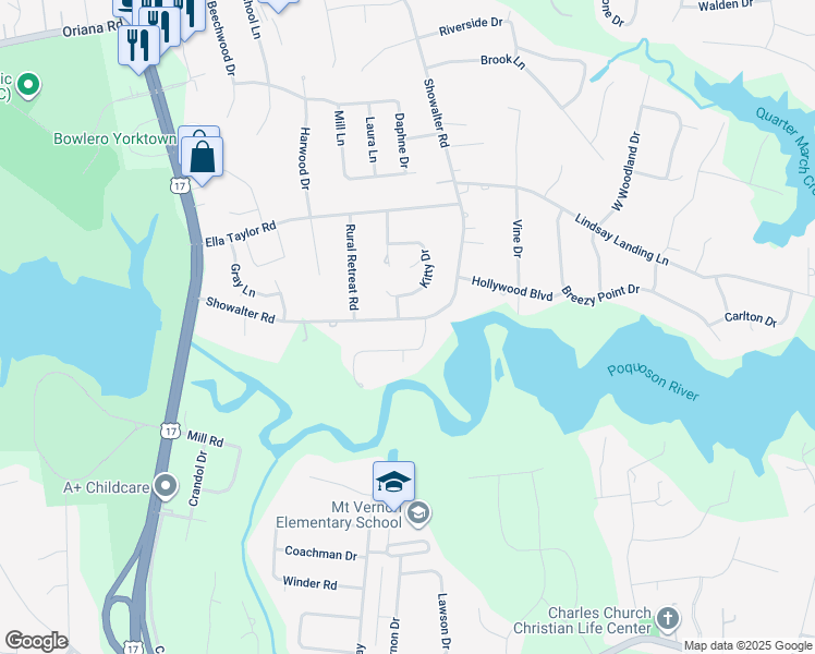 map of restaurants, bars, coffee shops, grocery stores, and more near 516 Showalter Road in Yorktown