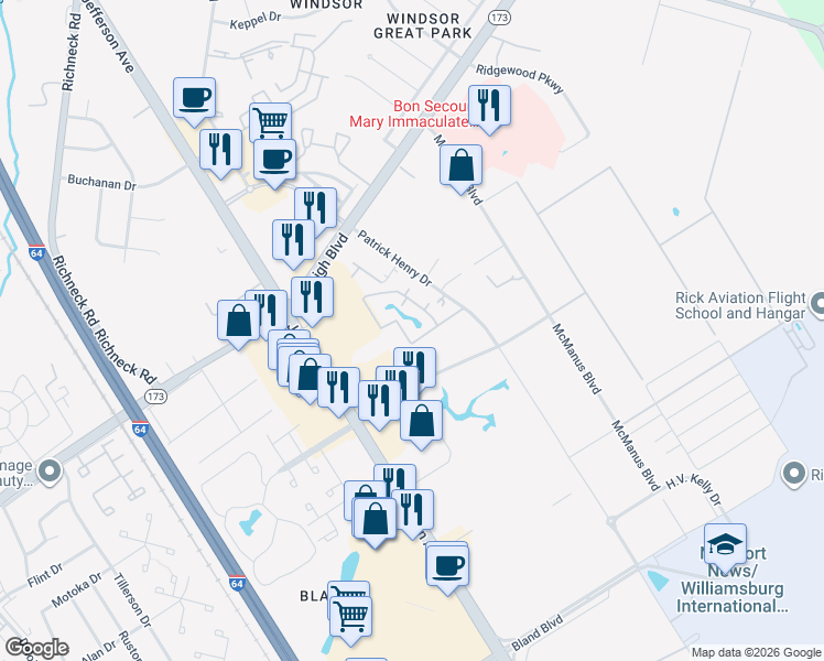 map of restaurants, bars, coffee shops, grocery stores, and more near 12823 Daybreak Circle in Newport News