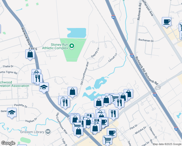 map of restaurants, bars, coffee shops, grocery stores, and more near 398 Circuit Lane in Newport News
