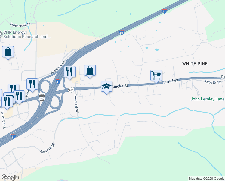 map of restaurants, bars, coffee shops, grocery stores, and more near 2850 Lee Highway in Christiansburg