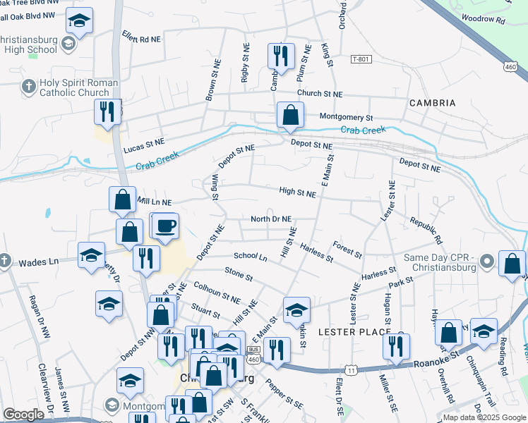 map of restaurants, bars, coffee shops, grocery stores, and more near 598 North Drive Northeast in Christiansburg