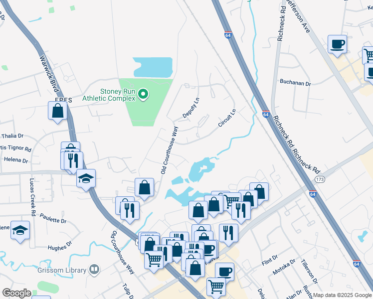 map of restaurants, bars, coffee shops, grocery stores, and more near 395 Circuit Lane in Newport News