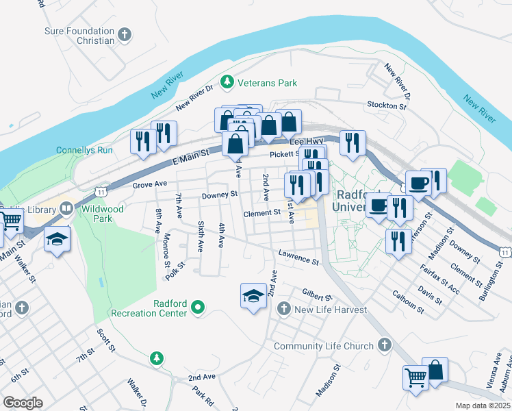 map of restaurants, bars, coffee shops, grocery stores, and more near 1208 Clement Street in Radford