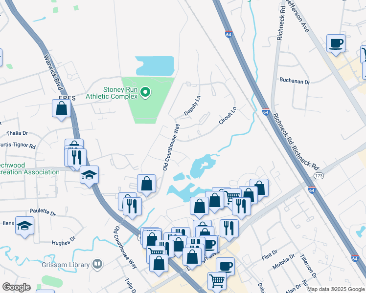 map of restaurants, bars, coffee shops, grocery stores, and more near 397 Circuit Lane in Newport News
