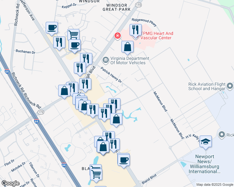map of restaurants, bars, coffee shops, grocery stores, and more near 12751 Daybreak Circle in Newport News