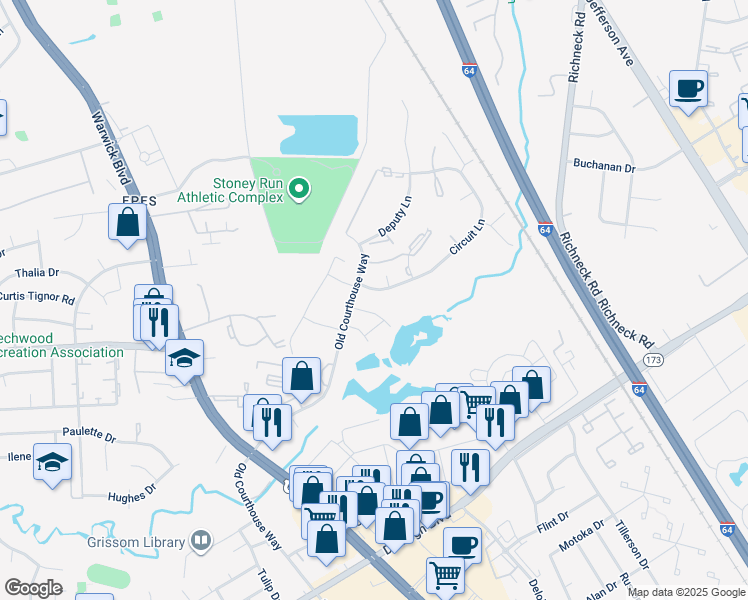 map of restaurants, bars, coffee shops, grocery stores, and more near 397 Circuit Lane in Newport News