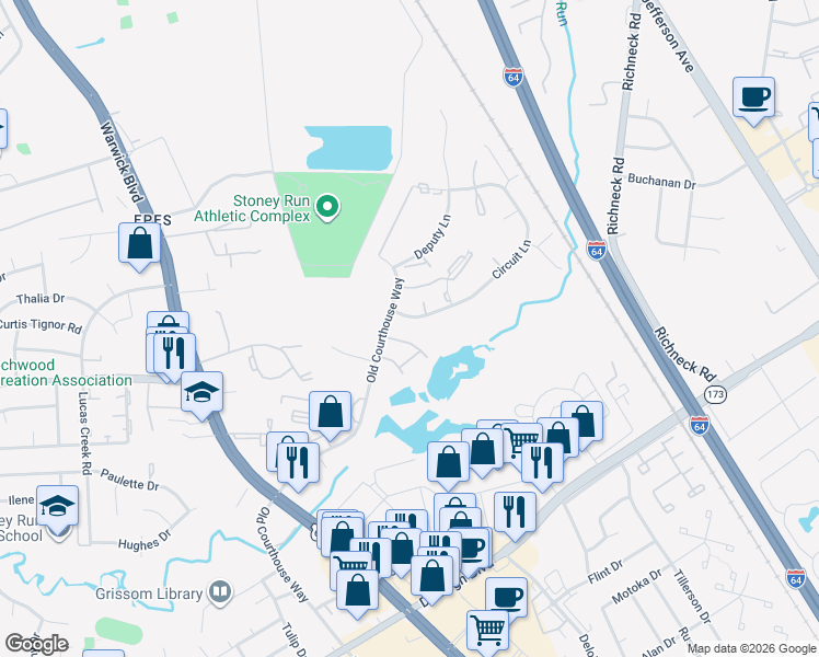 map of restaurants, bars, coffee shops, grocery stores, and more near 398 Circuit Lane in Newport News