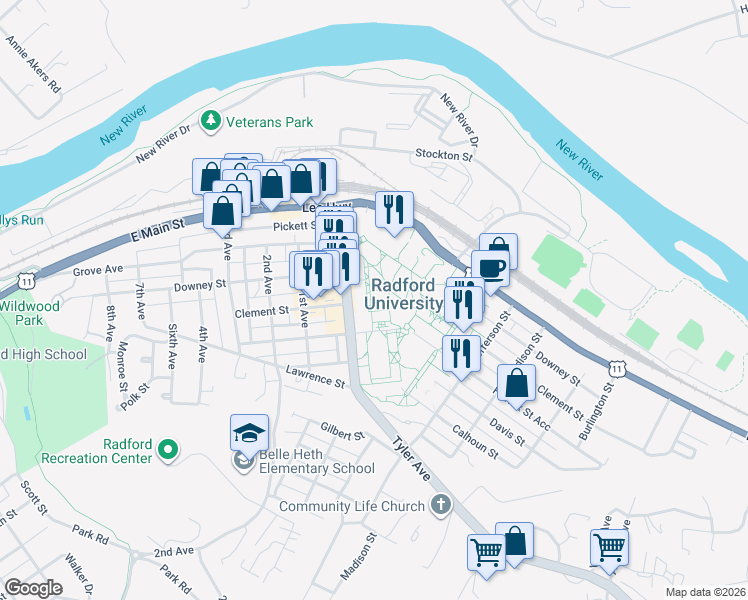 map of restaurants, bars, coffee shops, grocery stores, and more near 521 Tyler Avenue in Radford
