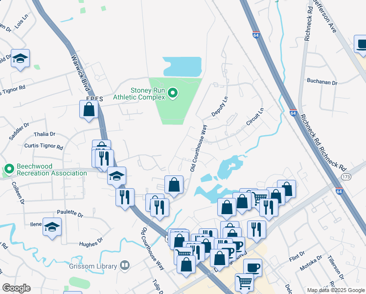 map of restaurants, bars, coffee shops, grocery stores, and more near 406 Hustings Lane in Newport News