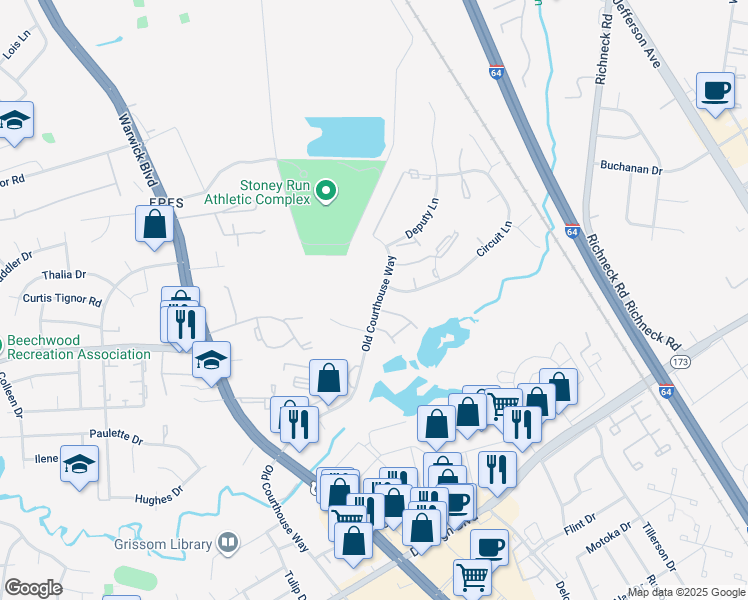 map of restaurants, bars, coffee shops, grocery stores, and more near 14567 Old Courthouse Way in Newport News