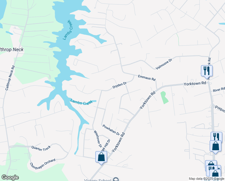 map of restaurants, bars, coffee shops, grocery stores, and more near 17 Dryden Drive in Poquoson