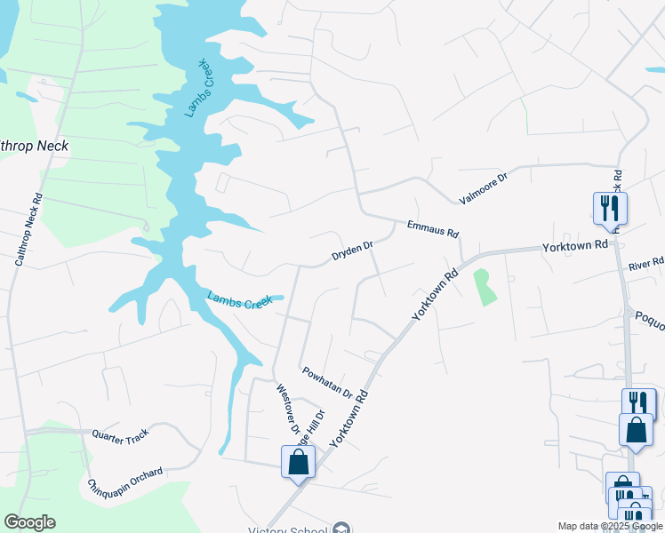 map of restaurants, bars, coffee shops, grocery stores, and more near 17 Dryden Drive in Poquoson