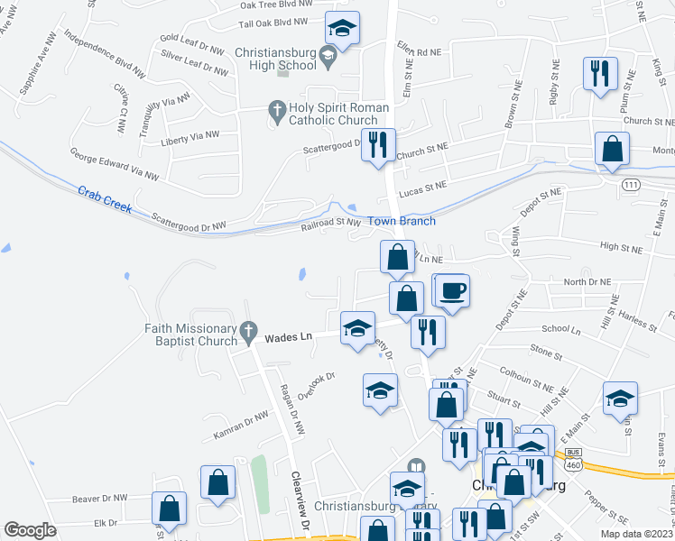 map of restaurants, bars, coffee shops, grocery stores, and more near 650 Agee Street Northwest in Christiansburg