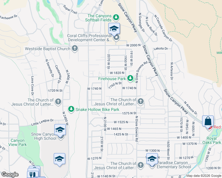 map of restaurants, bars, coffee shops, grocery stores, and more near 2055 West 1760 North in St. George