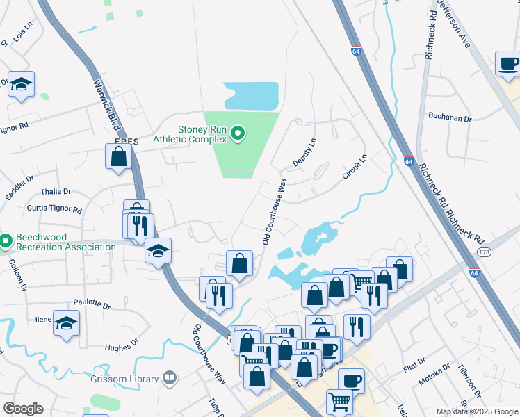 map of restaurants, bars, coffee shops, grocery stores, and more near 14565 Old Courthouse Way in Newport News