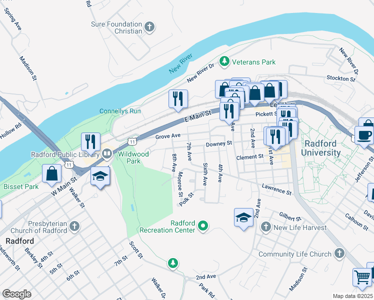 map of restaurants, bars, coffee shops, grocery stores, and more near 1700 7th Avenue in Radford