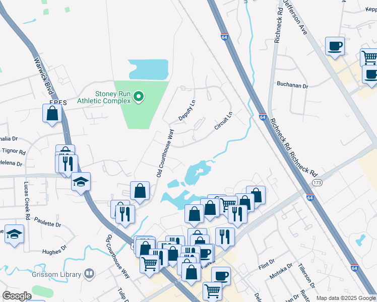 map of restaurants, bars, coffee shops, grocery stores, and more near 393 Circuit Lane in Newport News