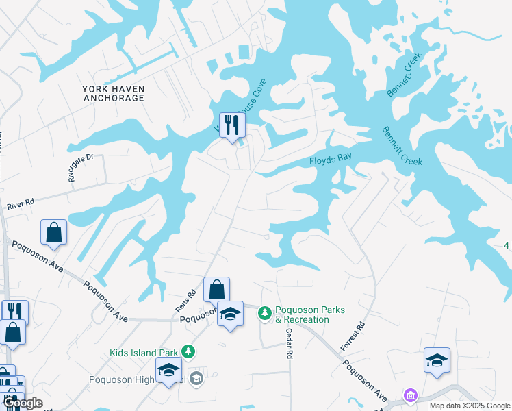 map of restaurants, bars, coffee shops, grocery stores, and more near 6 Lessie's Drive in Poquoson