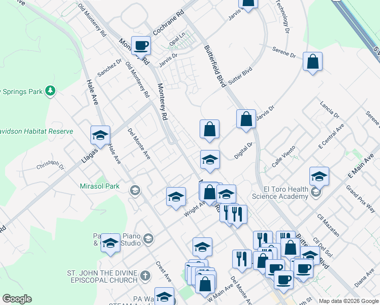 map of restaurants, bars, coffee shops, grocery stores, and more near 18060 Monterey Road in Morgan Hill
