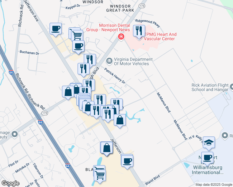 map of restaurants, bars, coffee shops, grocery stores, and more near 12732 Daybreak Circle in Newport News