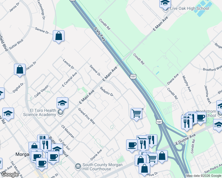 map of restaurants, bars, coffee shops, grocery stores, and more near 17545 Serene Drive in Morgan Hill