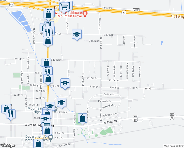 map of restaurants, bars, coffee shops, grocery stores, and more near 2-98 Morris Trailer Park in Mountain Grove