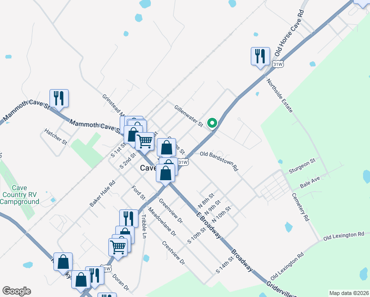 map of restaurants, bars, coffee shops, grocery stores, and more near 300-398 North 3rd Street in Cave City