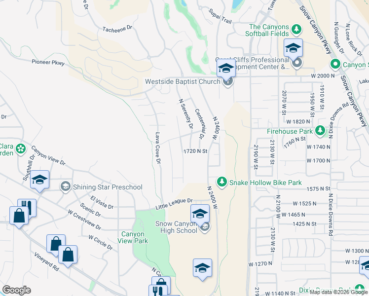 map of restaurants, bars, coffee shops, grocery stores, and more near 1734 North 2500 West in St. George
