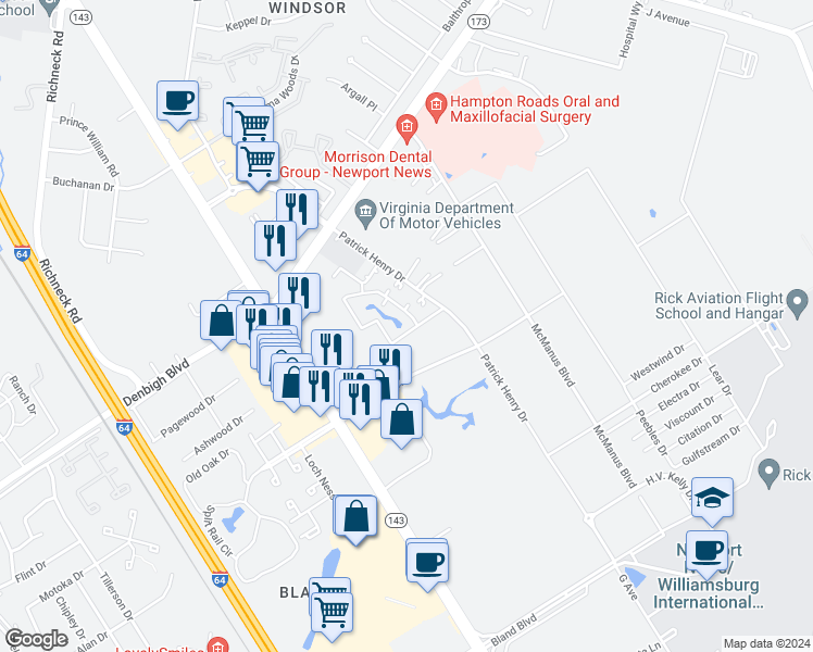 map of restaurants, bars, coffee shops, grocery stores, and more near 12753 Daybreak Circle in Newport News