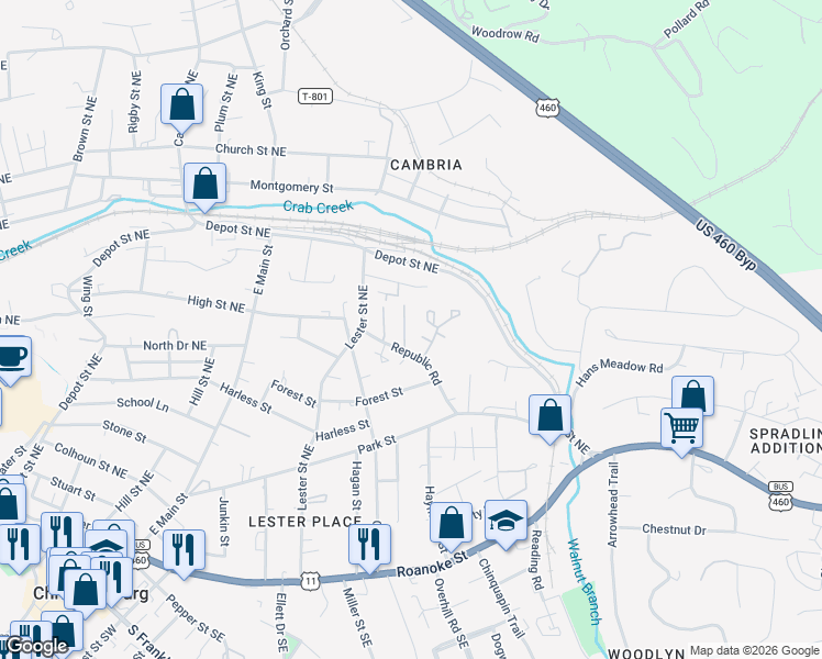 map of restaurants, bars, coffee shops, grocery stores, and more near 155 Salem Lane in Christiansburg