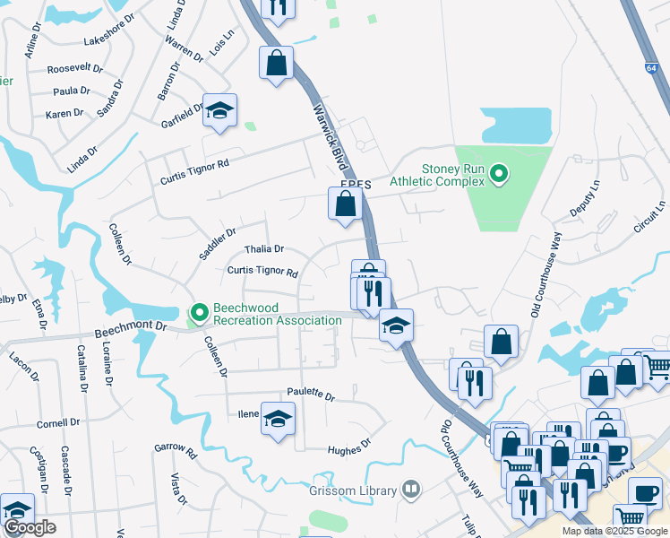 map of restaurants, bars, coffee shops, grocery stores, and more near 395 Georgetown Loop in Newport News